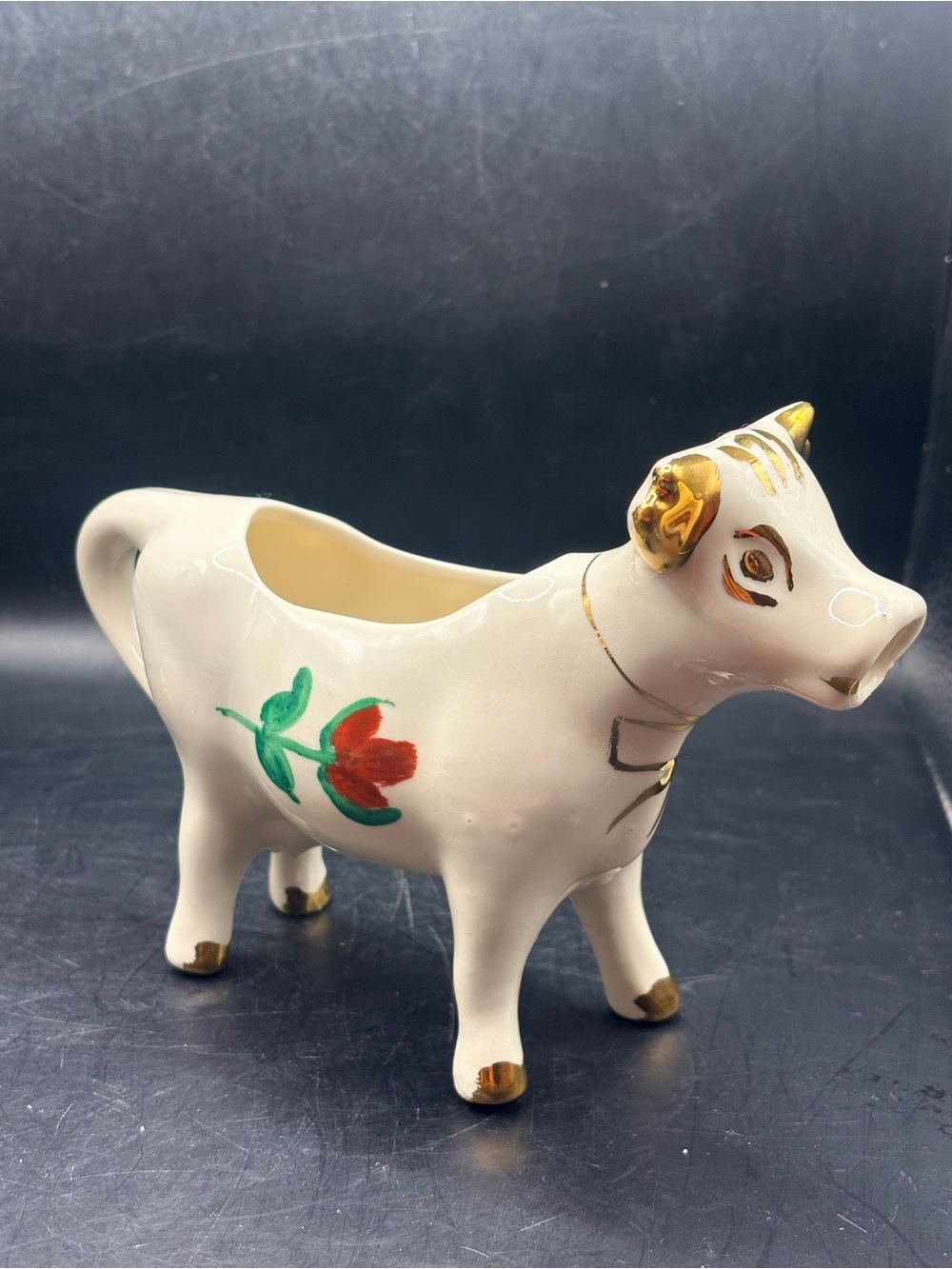 White Ceramic Cow Creamer with Hand-Painted Rose and Gold Accents